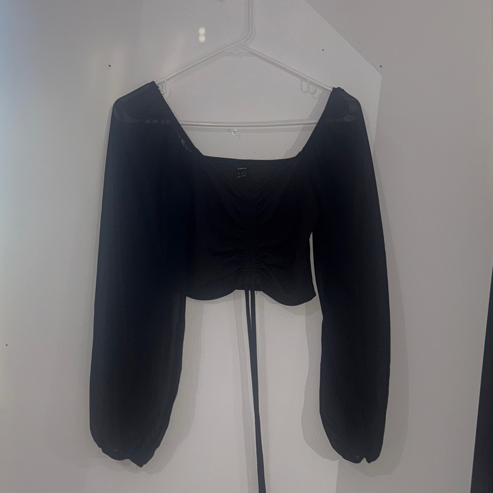 Elegant Black, Sheer Sleeves, Women's Crop Top